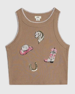 Girls Brown Embellished Cowboy Tank Top
