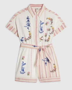 Girls White Embroidered Floral Playsuit