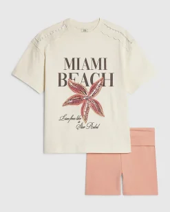 Girls White Miami Beach T-Shirt Set