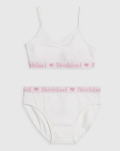 Girls White Ruched Crop Top And Brief Set