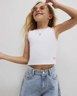 Girls White Whipstitch Tank Top
