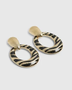 Gold Black Zebra Drop Earrings