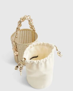 Gold Chain Handle Woven Bucket Bag