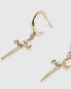 Gold Cross Drop Hoop Earrings