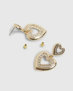 Gold Diamante Double Heart Drop Earrings