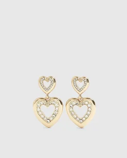 Gold Diamante Double Heart Drop Earrings