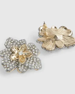 Gold Diamante Flower Stud Earrings