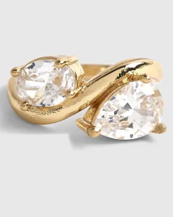Gold Diamond simulant Double Stone Wave Ring