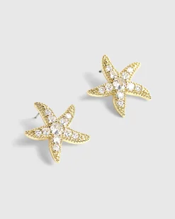 Gold Diamond Simulant Starfish Stud Earrings