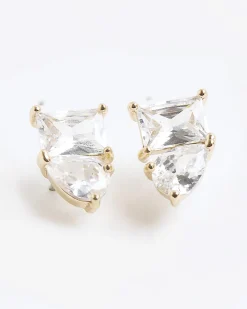 Gold Double Diamond Simulant Stud Earrings