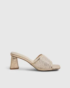 Gold Embellished Mesh Mule Heeled Sandals