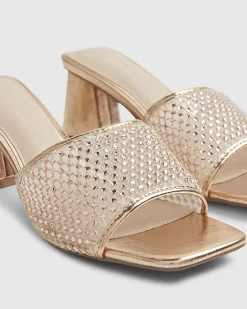 Gold Embellished Mesh Mule Heeled Sandals