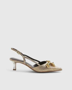 Gold Flower Trim Raffia Slingback Court Heels