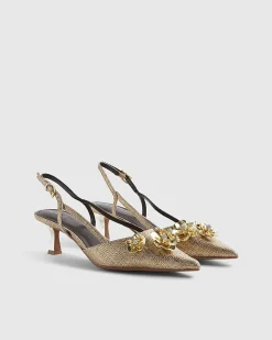 Gold Flower Trim Raffia Slingback Court Heels