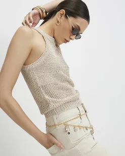 Gold Knitted Cotton Blend Sequin Vest Top
