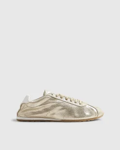 Gold Leather Lace Up Trainers