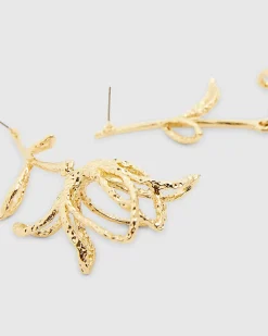 Gold Long Stem Rose Earrings