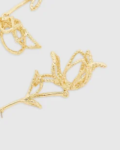 Gold Long Stem Rose Earrings