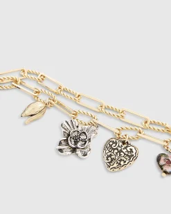 Gold Mixed Metal Charm Chain Bracelet