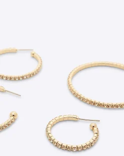 Gold Pack Of 3 Crystal Hoop Earrings