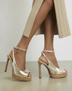 Gold Peep Toe Platform Heeled Sandals
