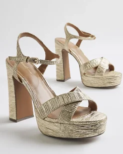 Gold Pleated Fabric Platform Heeled Sandals