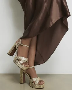 Gold Pleated Fabric Platform Heeled Sandals