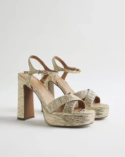 Gold Pleated Fabric Platform Heeled Sandals
