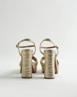 Gold Pleated Fabric Platform Heeled Sandals
