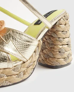 Gold Raffia Heel Flower Sandals