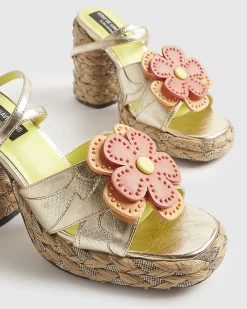 Gold Raffia Heel Flower Sandals