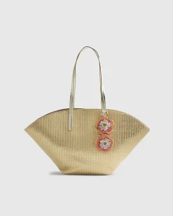 Gold Raffia Winged Shopper Bag