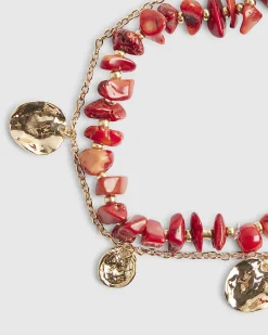 Gold Red Chip And Stretch Coin Anklet