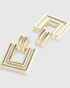 Gold Ridged Square Door Knocker Earrings