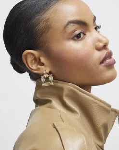 Gold Ridged Square Door Knocker Earrings