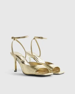 Gold Square Toe Heeled Sandals