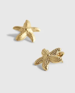 Gold Stainless Steel Starfish Stud Earrings