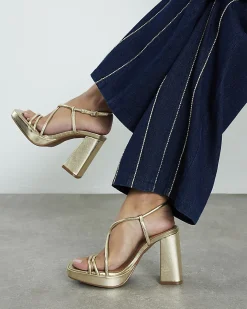 Gold Triple Strap Platform Heeled Sandals
