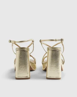 Gold Triple Strap Platform Heeled Sandals