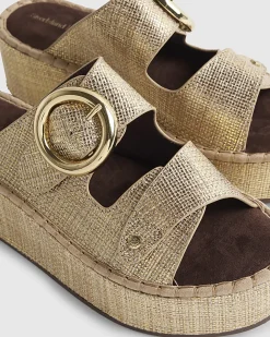 Gold Wide Fit Ring Buckle Wedge Sandals