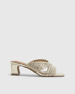 Gold Woven Block Heel Mule Sandals