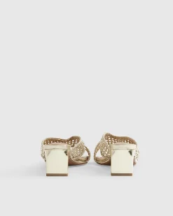Gold Woven Block Heel Mule Sandals