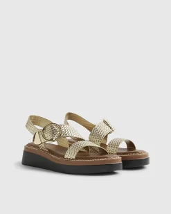 Gold Woven Buckle Flatform Sandals