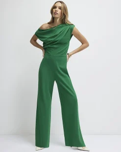 Green Asymmetric Drape Jumpsuit