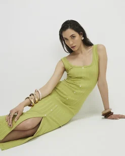 Green Cotton Blend Button Front Midi Dress