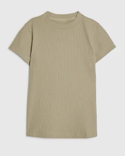Green Cotton Blend Fitted Ribbed Top