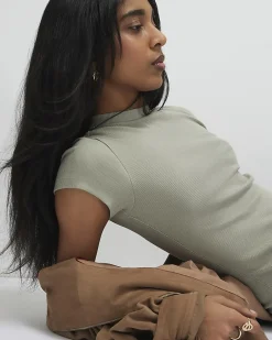Green Cotton Blend Fitted Ribbed Top