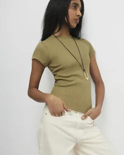 Green Cotton Blend Fitted Rib T-Shirt