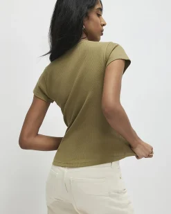 Green Cotton Blend Fitted Rib T-Shirt