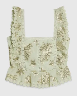Green Cotton Blend Marine Print Ruffle Top
